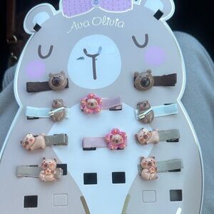 Grosgrain Hair Clips Set of 5 pairs Pink, Brown, khaki, tan, ivory cute bears